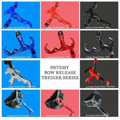 Collage of SNTXMY bow release trigger series in various colors and styles, including 360 Degree Rotatable Thumb Bow Release For Compound Bow Archery Release Trigger With Automatic Jaw Closure 4 Finger Black Bow Release For Precise Arrow Control.