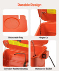 Close-up of Portable 5 Gallon Steel Parts Washer With Electric Pump showing detachable tray, hinged lid, and flexible sprayer.