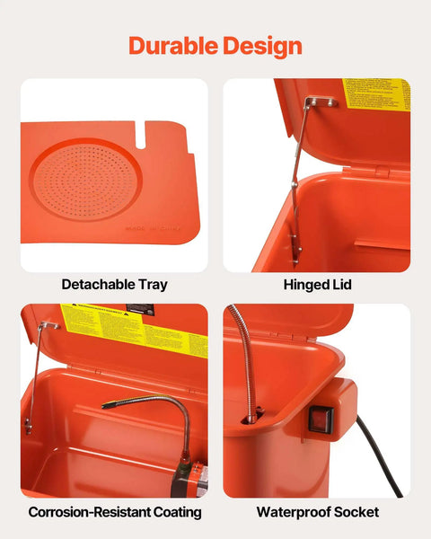 Close-up of Portable 5 Gallon Steel Parts Washer With Electric Pump showing detachable tray, hinged lid, and flexible sprayer.