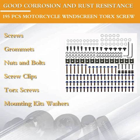 Ultimate 210-Piece Stainless Steel Fairing Bolt And Fastener Kit For Top Motorcycles featuring screws, nuts, and grommets.