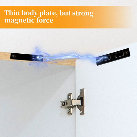 4 Pack Cabinet Magnetic Catches 30 Lb Heavy Duty Door Catches Screw On Closet Doors Closures Stainless Steel Black Finish Ideal For Kitchen Cabinets And Drawers Magnetic Latch with visible thin plate and strong magnetic force.