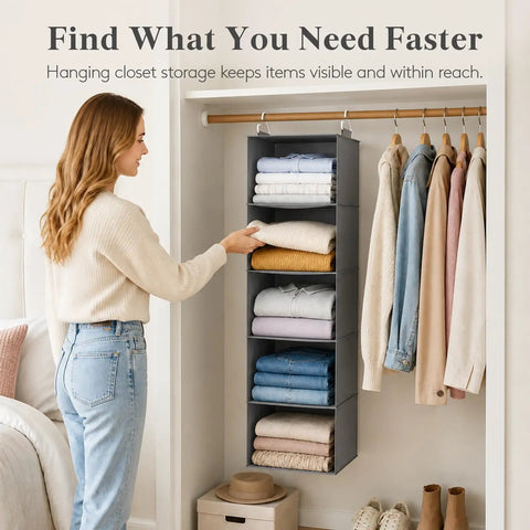 Five Tier Hanging Closet Organizer With Multi Compartment Wardrobe Storage Bin For Sweaters Pants And Towels Slick Heavy Duty Fabric Design Keeps Things Neat And Makes Sorting A Total Breeze