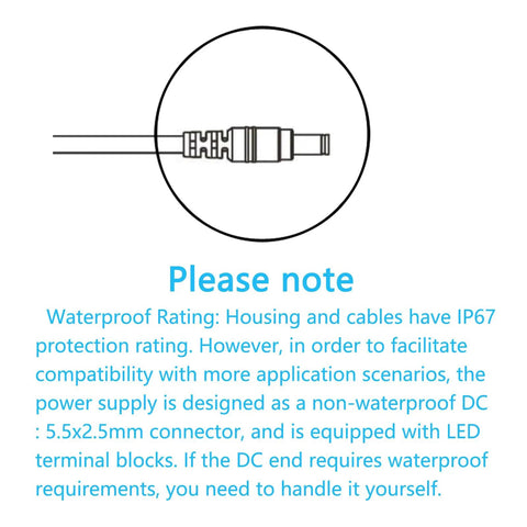 Beefy 12V 2A IP67 Waterproof DC Power Adapter With 5.5x2.5mm Plug, UL Certified, Wide 100-240V AC Input, Rugged Outdoor Ready Power Supply For LED Strips, Cameras, And Electronics, DIY Friendly, Waterproof Build For Tough Environments showing 5.5x2.5mm plug detail