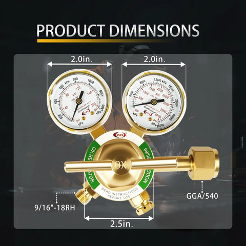 Medium Duty Oxygen Regulator With CGA540 Inlet Forged Brass UL Listed Dual 2 Inch Gauges For Welding And Cutting Setups Easy Readout And Reliable Performance, product dimensions shown