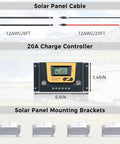 12 Volt 100 Watt Solar Panel Kit with 20A PWM charge controller, cables, and mounting brackets for RV camper marine boat off grid power.