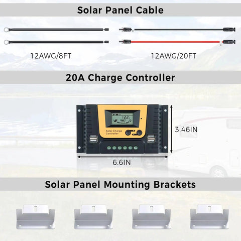 12 Volt 100 Watt Solar Panel Kit with 20A PWM charge controller, cables, and mounting brackets for RV camper marine boat off grid power.