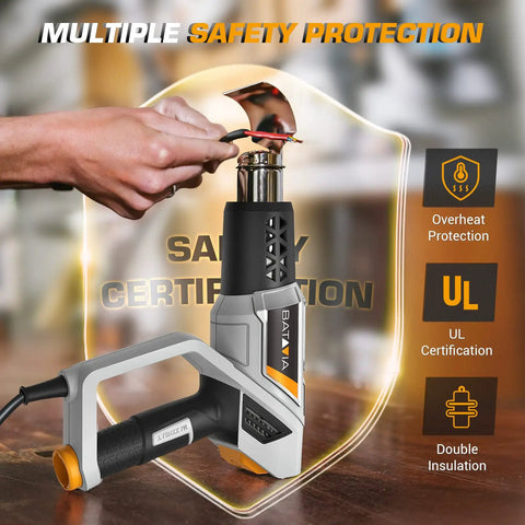 Person holding Pro Grade 2 In 1 Heat Gun With Rotatable Handle And Stand, 1500W Fast Heating Hot Air Tool with safety features visible