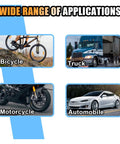 Image showing range of applications for Color Coded Tire Tread Depth Gauge Set: bicycle, truck, motorcycle, automobile.