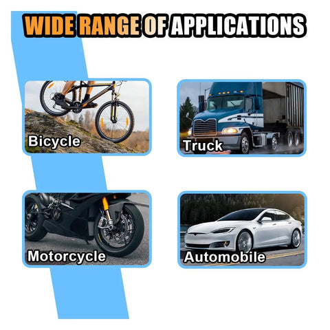 Image showing range of applications for Color Coded Tire Tread Depth Gauge Set: bicycle, truck, motorcycle, automobile.