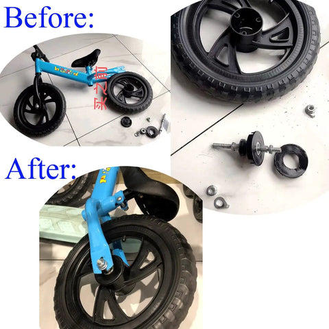 Before and after of 2 Pack Balance Bike Hub Axle Repair Kit With Sealed Bearing Nuts Caps 55mm Bracket Covers installed on kids bike.