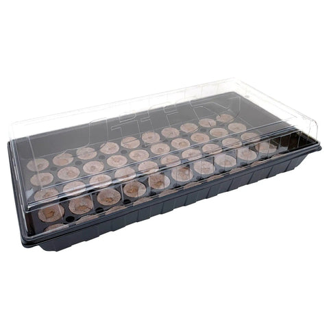 Seed Starter Tray Kit With Two 50 Cell Trays And 42 Millimeter Peat Pellets For Easy Germination Includes Bonus SUPERthrive And Plant Labels Peat And Plastic Starter System Ideal For Indoor Seedlings, showing peat pellets in a tray with a clear plastic dome.