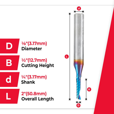 Diagram of Spektra Coated Solid Carbide CNC Spiral O-Flute Router Bit One Eighth Inch Diameter One Half Inch Cutting Height