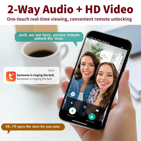 Smartphone showing G1 Video Smart Lock With Camera And Doorbell, 6 In 1 Keyless Entry System With Fingerprint, App Remote.