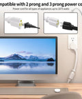6 Ft 14 Gauge Low Profile Flat Plug Extension Cord White With NEMA 5-15P To NEMA 5-15R Heavy Duty 15 Amp 125 Volt 1875 Watt Cable For Home Office And Workshop plugged into wall behind computer