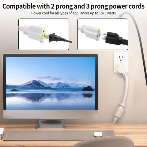 6 Ft 14 Gauge Low Profile Flat Plug Extension Cord White With NEMA 5-15P To NEMA 5-15R Heavy Duty 15 Amp 125 Volt 1875 Watt Cable For Home Office And Workshop plugged into wall behind computer