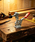 4 Pack 225D Quick Release Toggle Clamps With Killer Grip And Hella Tight 500 Pound Hold For Woodworking Jigs Fixtures Welding Station And Drill Press Setup on wooden workbench.