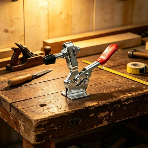 4 Pack 225D Quick Release Toggle Clamps With Killer Grip And Hella Tight 500 Pound Hold For Woodworking Jigs Fixtures Welding Station And Drill Press Setup on wooden workbench.