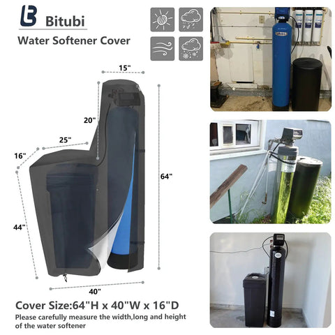 Water Softener Cover With Split Zipper And UV Shield Outdoor Brine Tank Cover Waterproof All Weather Protection 64 Inch High 40 Inch Wide 16 Inch Deep Black For 48000 To 64000 Grain Systems featuring product dimensions and usage examples