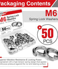 M6 Stainless Steel Split Lock Washers 50 Pack packaging showcasing washers in a box with clear lid, highlighting 50 pieces and vibration resistance text