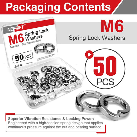 M6 Stainless Steel Split Lock Washers 50 Pack packaging showcasing washers in a box with clear lid, highlighting 50 pieces and vibration resistance text
