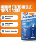 Front view of Permatex blue medium-strength threadlocker packaging with a 6 ml tube.