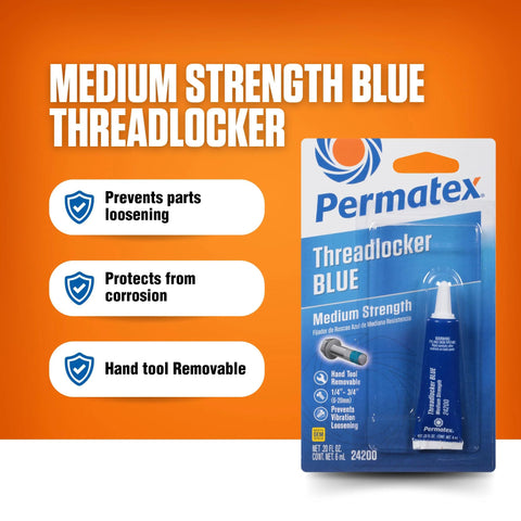 Front view of Permatex blue medium-strength threadlocker packaging with a 6 ml tube.