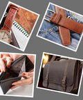 Collage of watch with leather band, leather belt on jeans, hands opening leather wallet, and leather messenger bag