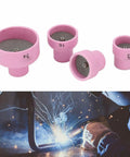 Grab A Fresh Set of 4 Premium TIG Welding Ceramic Nozzles And Torch Cups For High End WP9, 20, 25, 17, 18, And 26 Systems showing sizes 12, 16, and 24.