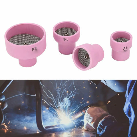 Grab A Fresh Set of 4 Premium TIG Welding Ceramic Nozzles And Torch Cups For High End WP9, 20, 25, 17, 18, And 26 Systems showing sizes 12, 16, and 24.