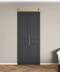 36 Inch By 84 Inch Bi Fold Barn Door Set With Two Panels And Brushed Gold Hardware for closets with textured black finish
