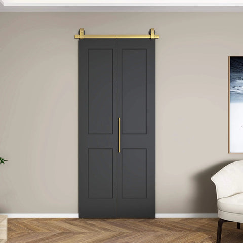 36 Inch By 84 Inch Bi Fold Barn Door Set With Two Panels And Brushed Gold Hardware for closets with textured black finish