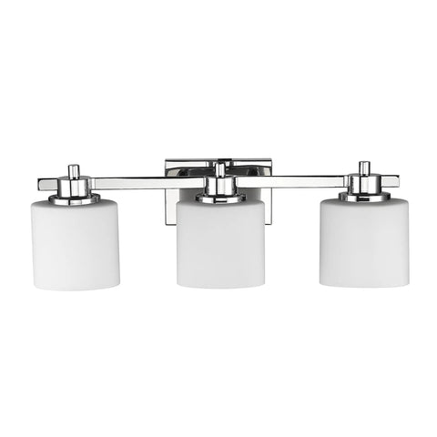 Chrome Vanity Bath Light Fixture With Etched Glass, Three Lights, 24 Inch Wide, Hardwired With Wall Switch, front view