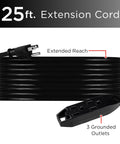 25 Ft Outdoor Extension Cord With 3 Outlets Heavy Duty Grounded 16 Gauge Power Strip, coiled black, 125V 13A 1625W