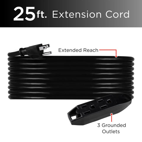 25 Ft Outdoor Extension Cord With 3 Outlets Heavy Duty Grounded 16 Gauge Power Strip, coiled black, 125V 13A 1625W