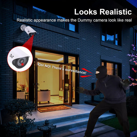 Realistic Fake Surveillance Camera 2 Pack With LED Light for Indoor Outdoor use shown as installed above a home entryway