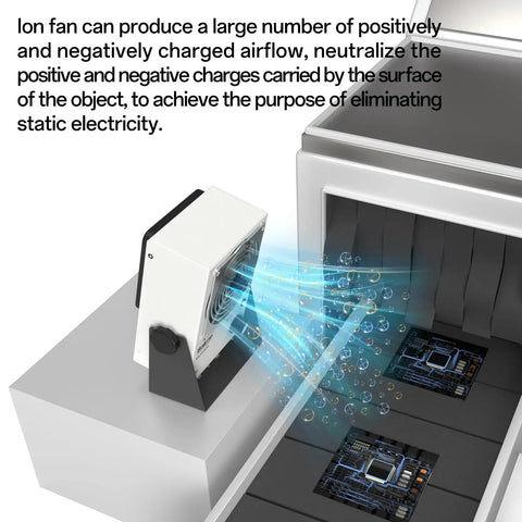 Anti Static Ion Fan Neutralizer for electronics manufacturing with blue ion airflow neutralizing static on circuits.