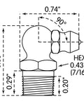 Diagram of Gold And Silver 1/8 Inch PTFE Special Short 90 Degree 0.85 Inch Long Grease Fitting with dimensions