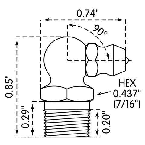 Diagram of Gold And Silver 1/8 Inch PTFE Special Short 90 Degree 0.85 Inch Long Grease Fitting with dimensions
