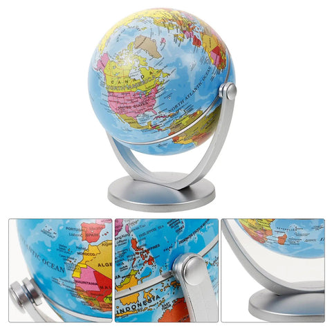 Blue World Globe With Smooth Rotation And Stable Stand For Classroom Office And Home Decor shown in multiple angles.