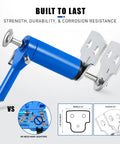 Quad Caliper Piston Compressor Tool Heavy Duty Pneumatic Brake Caliper Press For Easy Single Dual And Quad Pistons Quick Pad Replacement High Torque Durable Construction For Pros And DIYers, showing blue tool with metal plates.