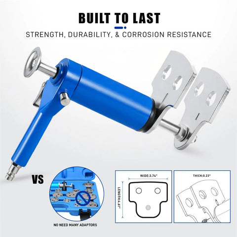 Quad Caliper Piston Compressor Tool Heavy Duty Pneumatic Brake Caliper Press For Easy Single Dual And Quad Pistons Quick Pad Replacement High Torque Durable Construction For Pros And DIYers, showing blue tool with metal plates.