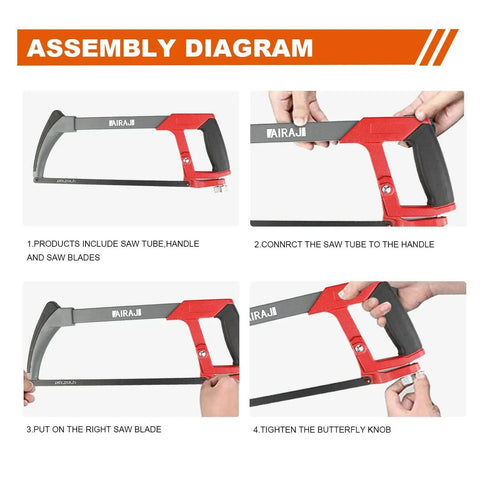 Assembly diagram of the 12 Inch Adjustable Hacksaw Frame Set With High Tension Beefy Workhorse Hand Saw Includes 10 Blades
