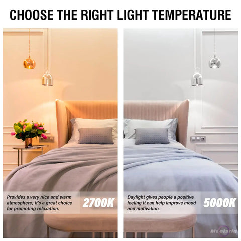 Image showing a bedroom with two lighting temperatures, 2700K for warm atmosphere and 5000K for daylight effect. Par16 Led Short Neck Recessed Spotlight Bulb 6W 60W Equivalent Daylight 5000K 600 Lumens E26 Medium Base Non Dimmable 4 Pack Flicker Free Tiny 2 Inch Spotlight For Curio Cabinets And Display Cases.