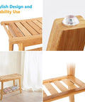 Must Have 100 Percent Bamboo Shower Bench With Storage Shelf, 24 Inch Waterproof Shower Chair, showing design and rubber feet