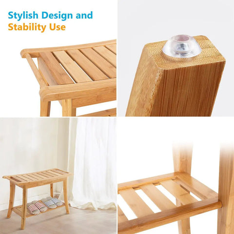 Must Have 100 Percent Bamboo Shower Bench With Storage Shelf, 24 Inch Waterproof Shower Chair, showing design and rubber feet