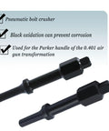 Shake And Break Pneumatic Bolt Breaker Set Featuring 3/8 And 1/2 Inch Square Drive Air Hammer Socket Adapter, black bolt crusher adapters.