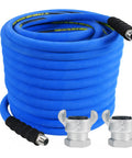 Built Like A Tank Heavy Duty Compressor Air Hose Measuring Three Quarters Inch By One Hundred Feet With Chicago Quick Connect Fittings and a rugged blue rubber PVC composite braided core.
