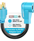 Heavy Duty 4 Prong Generator To Rv Adapter Cord 30 Amp To 50 Amp Nema L1430P To 1450R with blue locking plugs and black cord.