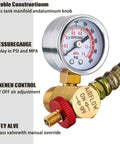 Air Tank Repair Kit With 0-200 PSI Gauge, Safety Valve, 4 Ft Hose, Aluminum Manifold, And Easy Quick Connects, close-up of gauge and manifold