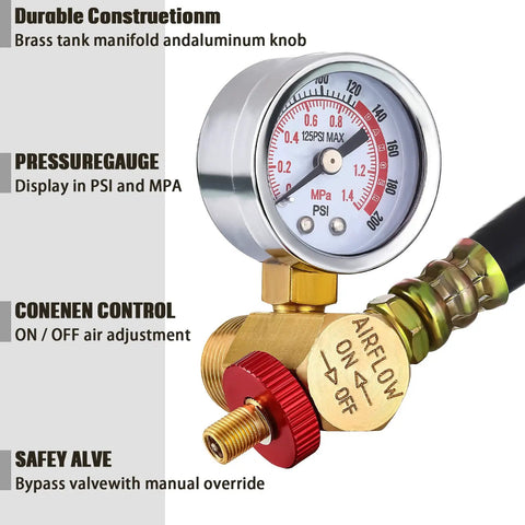 Air Tank Repair Kit With 0-200 PSI Gauge, Safety Valve, 4 Ft Hose, Aluminum Manifold, And Easy Quick Connects, close-up of gauge and manifold